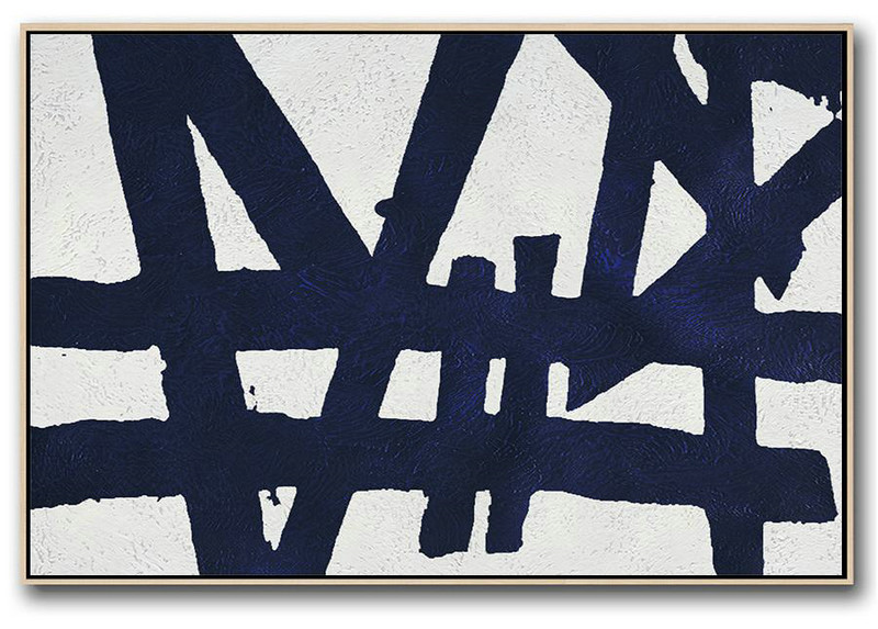 Horizontal Abstract Painting Navy Blue Minimalist Painting On Canvas,Original Art Acrylic Painting #C5P8